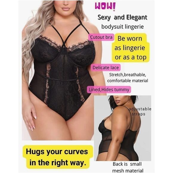 Plus size sheer stretch eyelash lace bodysuit sz 3XL - Picture 3 of 14